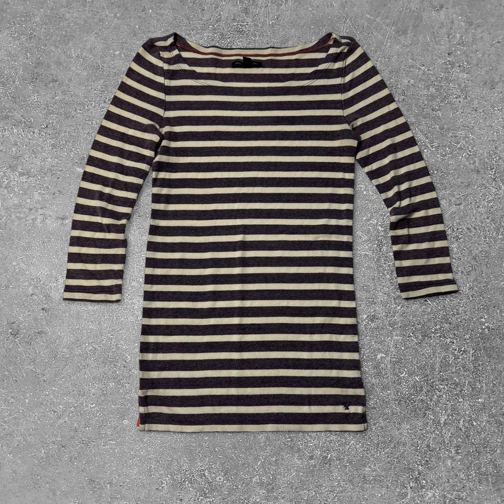 American Eagle Vintage Y2K Striped 3/4 Sleeve Boat Neck Top Purple Cream Medium